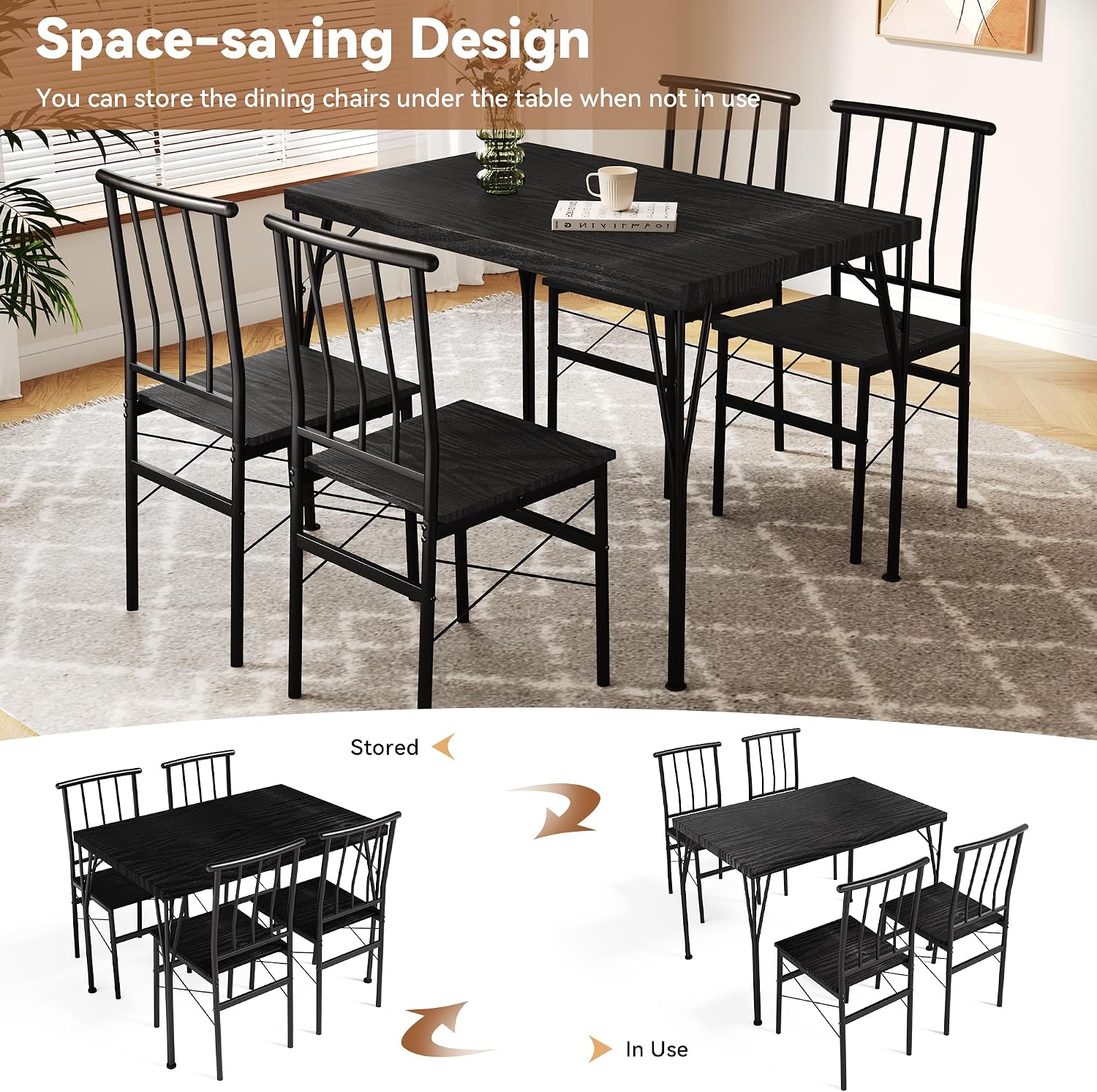Dining Table Set for 4 with 1.6' Thick Tabletop, 5-Piece Kitchen Table Set, Space-Saving Rectangular Dining Room Kitchen Table Chair Set for Small Space,Dinette,Apartment,Rustic Black