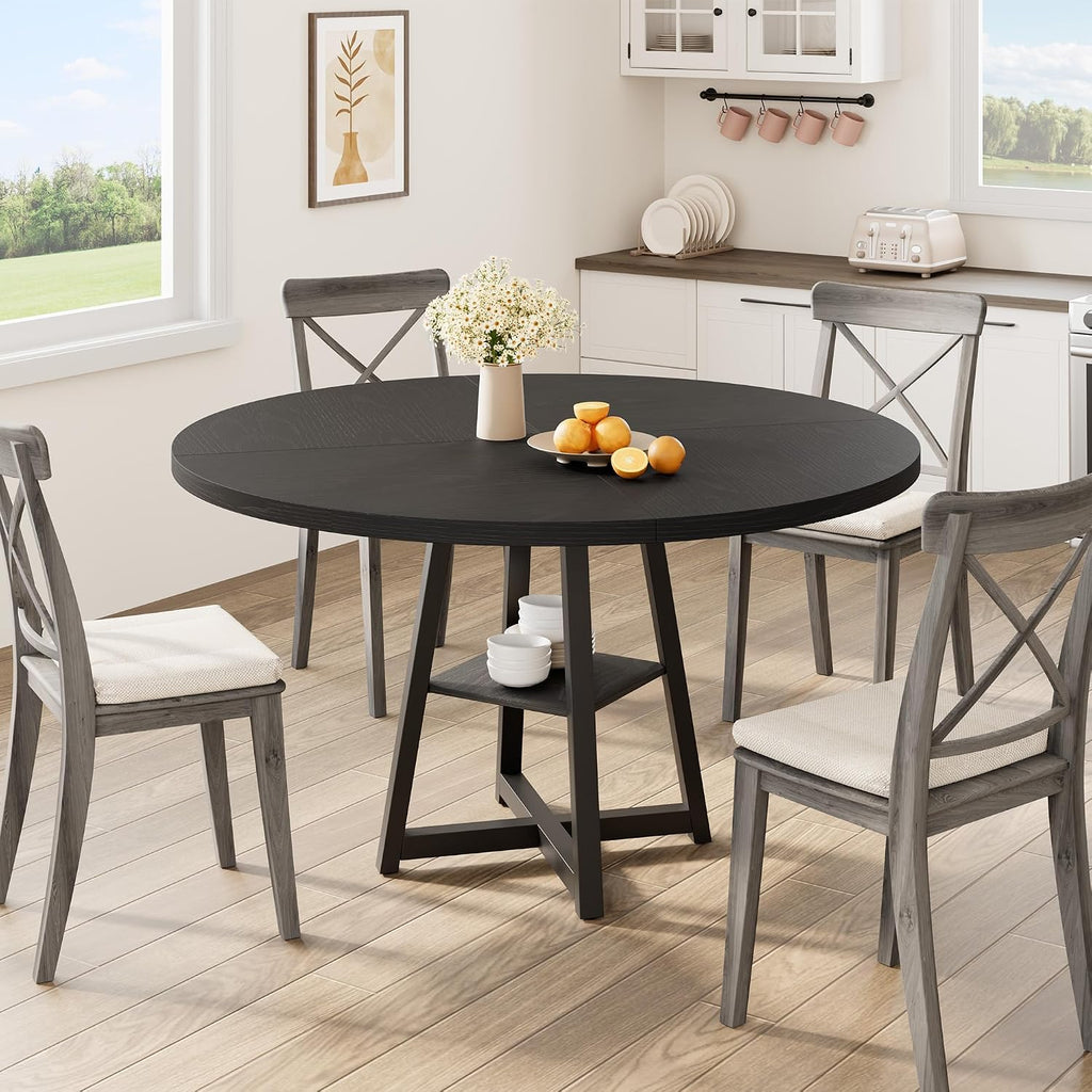 Garvee 47.2 in Round Dining Table for 4-6 People, Industrial Round Kitchen Table with Sturdy Metal Pedestal Base & Storage Shelf, Circle 4 Dinner Table for Dinner, Kitchen, Dining Room