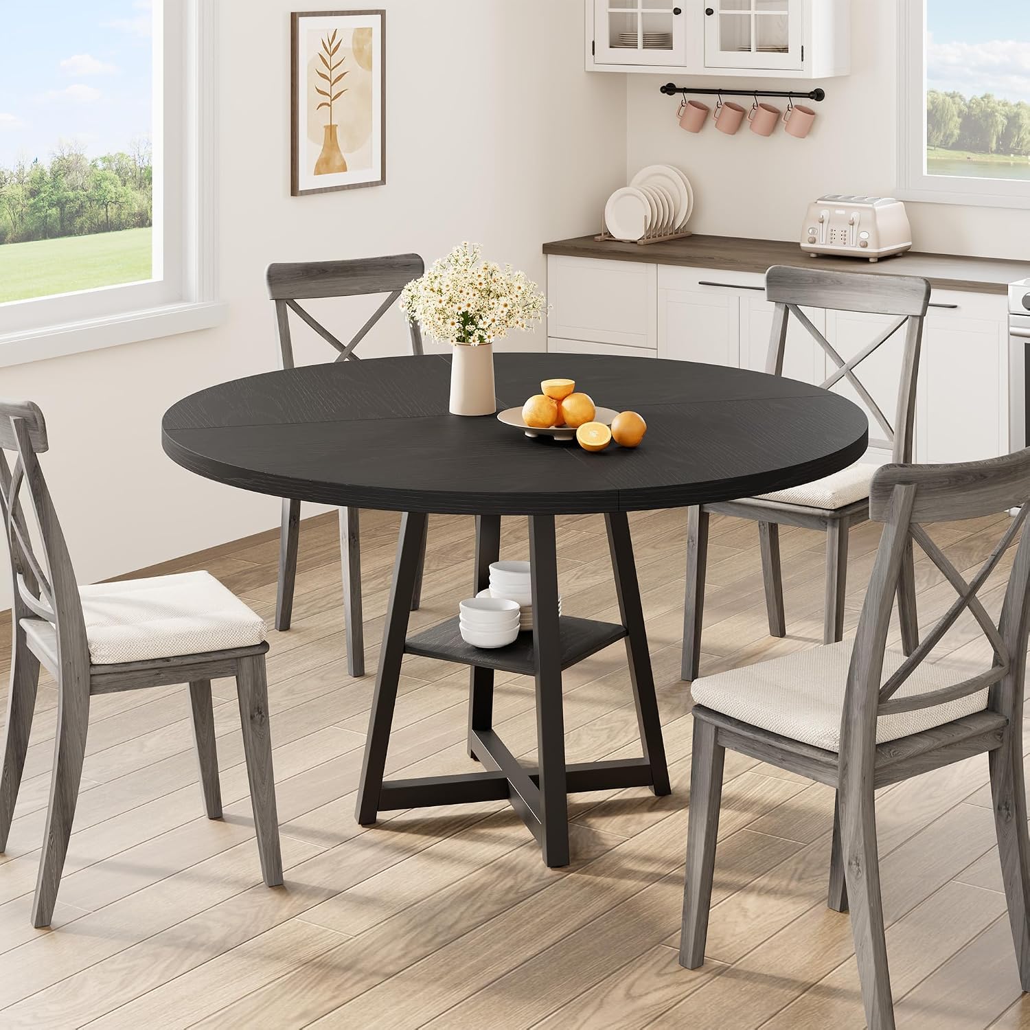 Garvee 47.2 in Round Dining Table for 4-6 People, Industrial Round Kitchen Table with Sturdy Metal Pedestal Base & Storage Shelf, Circle 4 Dinner Table for Dinner, Kitchen, Dining Room
