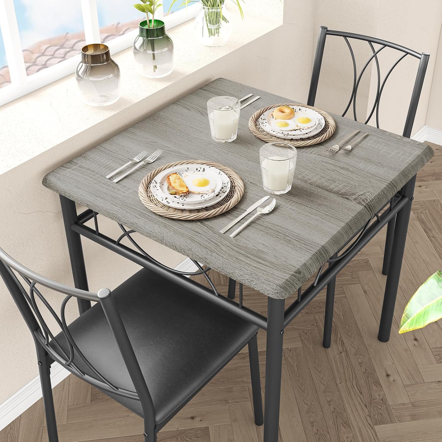 Garvee 3-Piece Wood Dining Table Set for 2, Compact Square Kitchen Table Set with 2 Upholstered Chairs, Space-Saving Dining Table Set for Apartment, Studio, Kitchen, Small Space, Gray