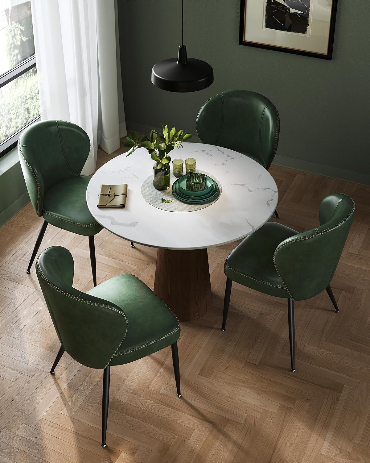 VASAGLE EKHO Collection - Dining Chairs Set of 2, Upholstered Kitchen Chairs, Comfortable Seat, Synthetic Leather with Stitching, Mid-Century Modern, Easy Assembly, Living Room Lounge, Forest Green