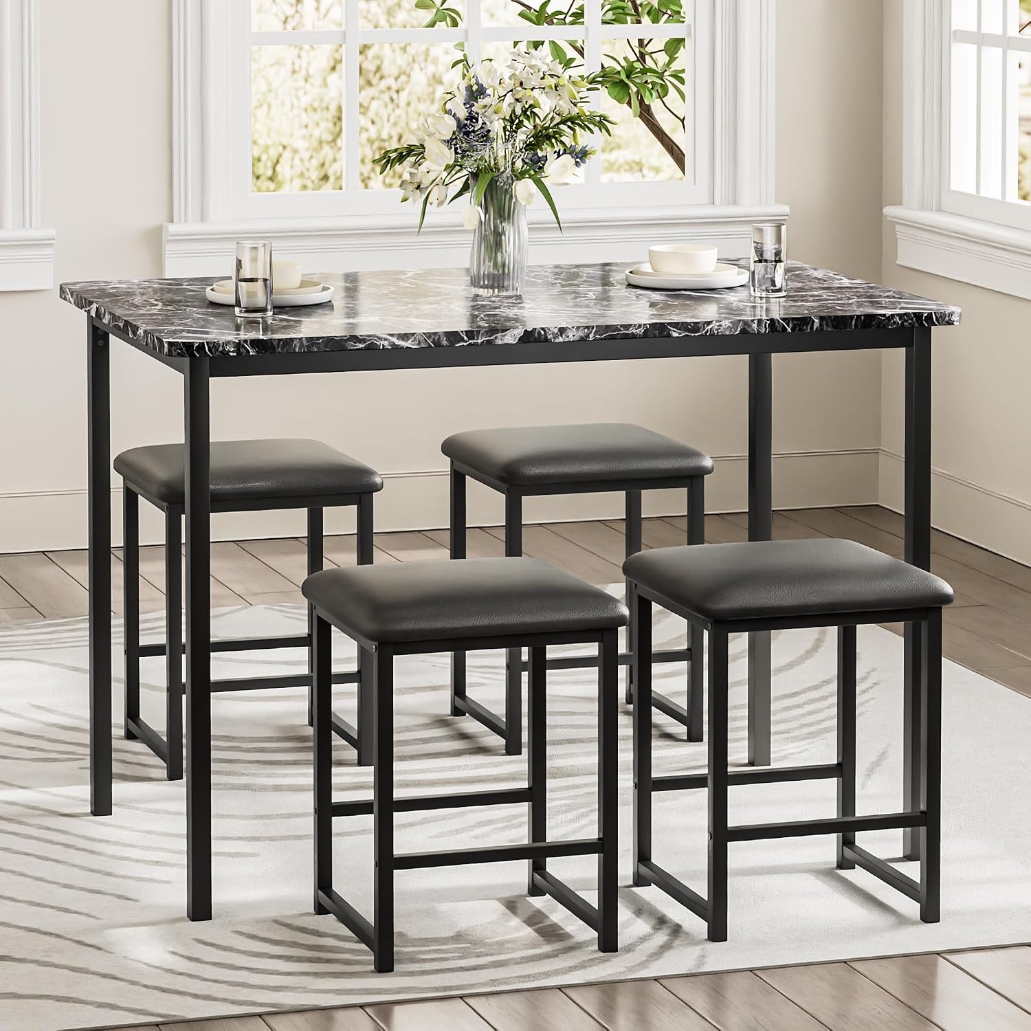 VECELO Kitchen Table and Chairs for 4, Dining Room Set with PU Chairs/Stools, Heavy-Duty Metal Frame, Faux Marble Tabletop, Space-Saving Design for Small Spaces, Easy Assembly, Veined Black