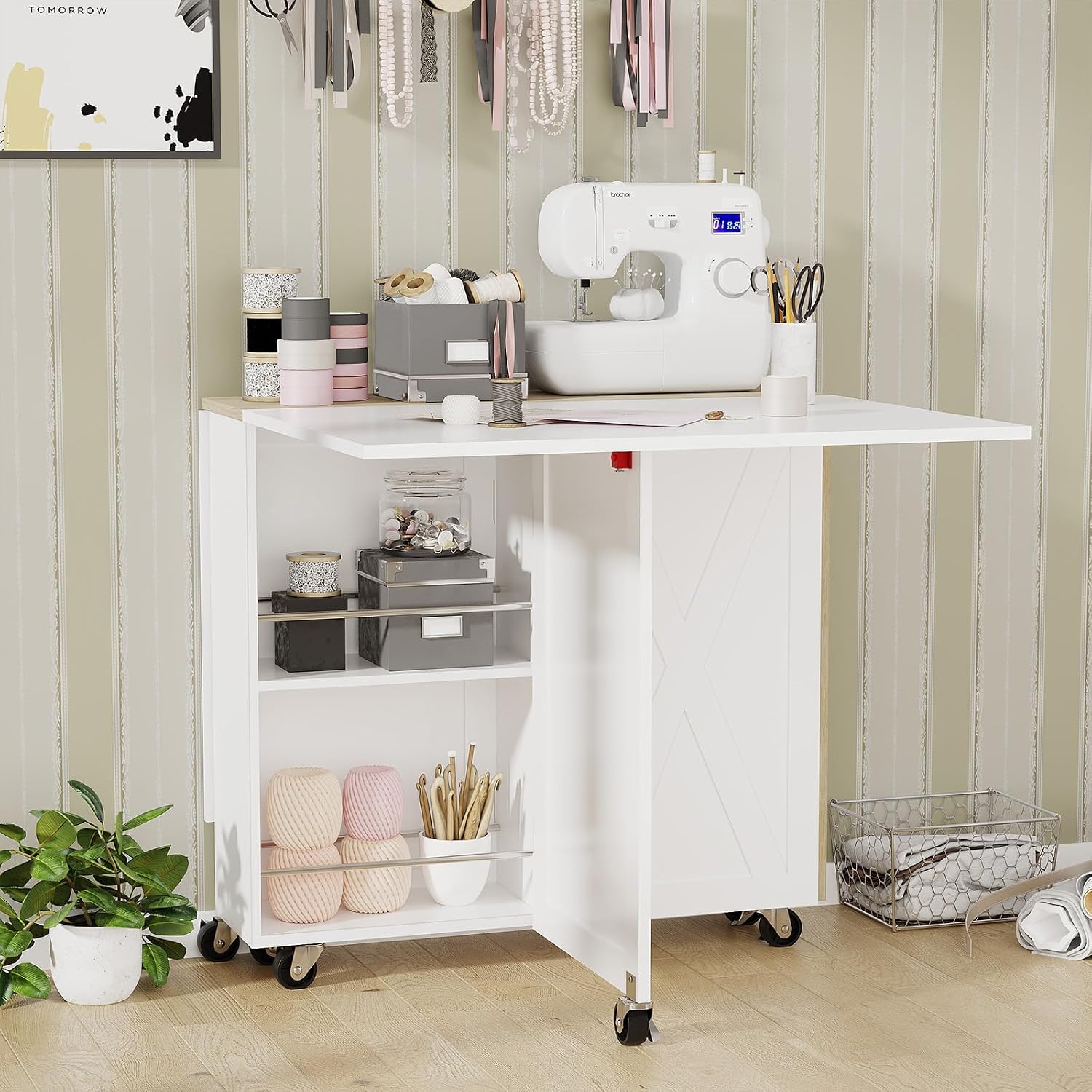 Folding Dining Table with 6 Wheels, Drop Leaf Tables for Small Spaces, Foldable Dining Table with 2-Layer Storage Rack, Kitchen Table with Drawer (White and Oak)