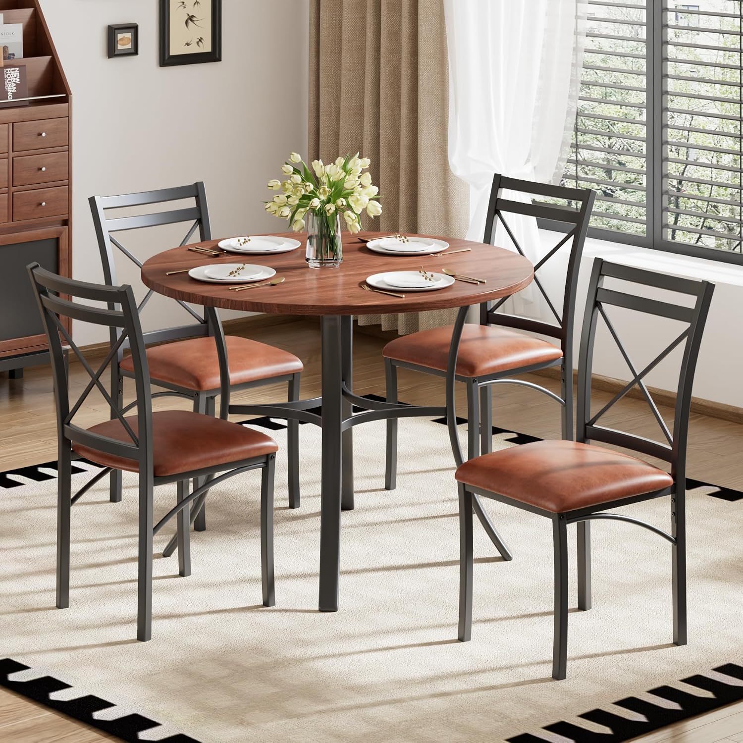 VECELO 5 Piece Dining Table Set for 4 with Chairs, Wood Grain Tabletop, Small Space, Kitchen, Breakfast Nook, Brown