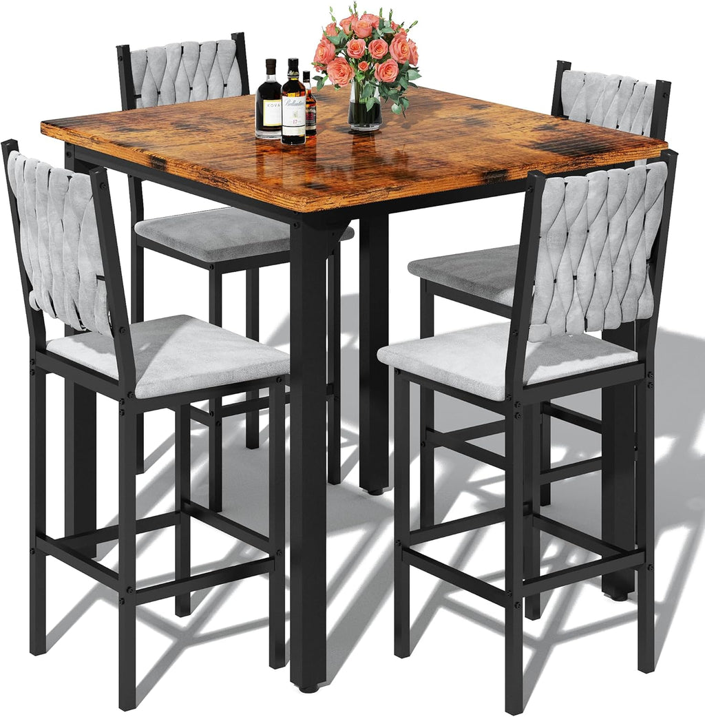 AWQM 5-Piece Dining Table Set, Dining Table Set for 4, Counter Height Table & 4 Velvet Bar Stools, Modern Kitchen Dining Set, Compact Dining Set for Small Spaces (Walnut Color & Velvet Chairs)