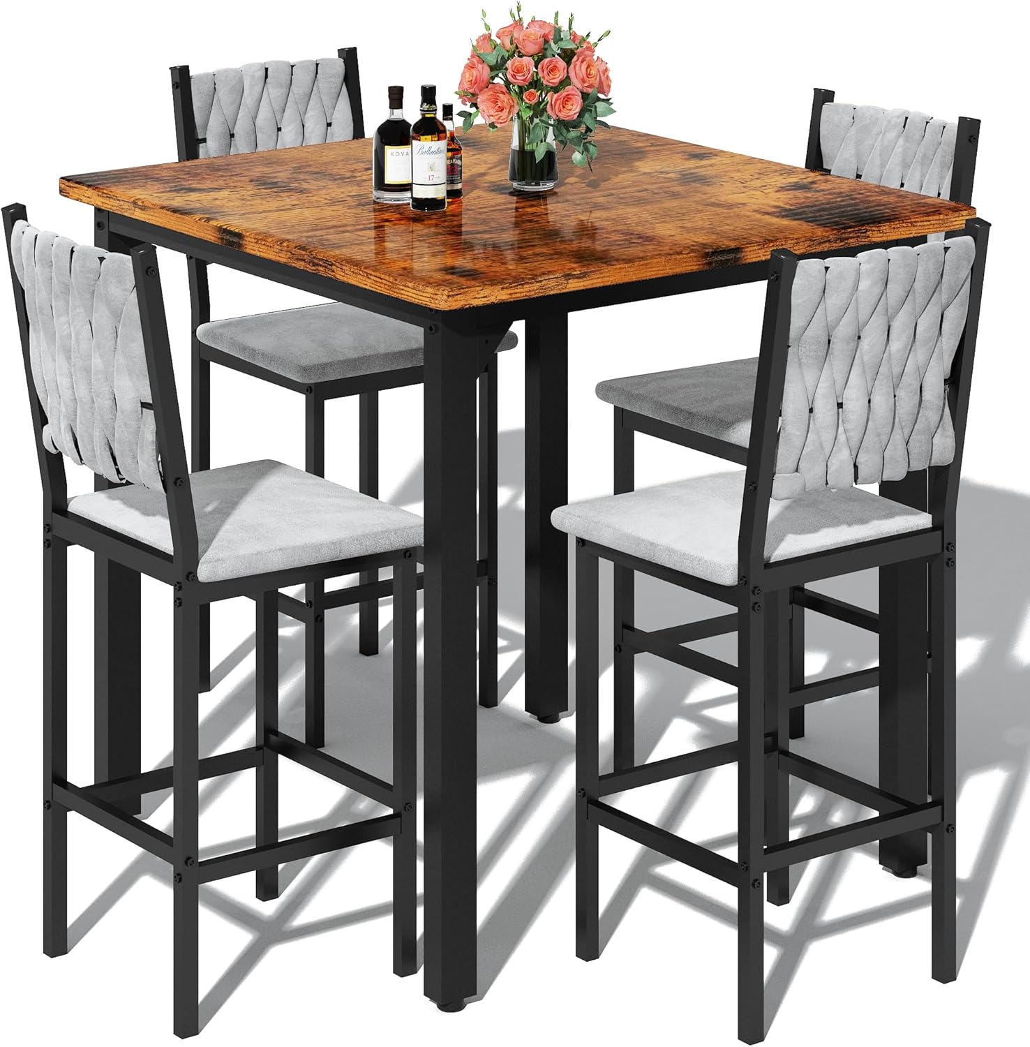 AWQM 5-Piece Dining Table Set, Dining Table Set for 4, Counter Height Table & 4 Velvet Bar Stools, Modern Kitchen Dining Set, Compact Dining Set for Small Spaces (Walnut Color & Velvet Chairs)