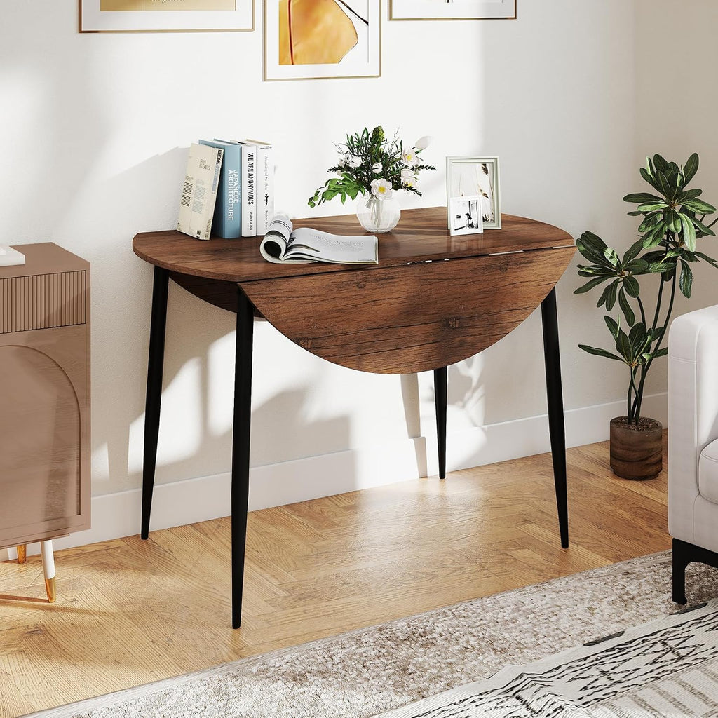 Giantex 5-Piece Dining Table Set for 4, 43.5' Round Kitchen Table and 4 Upholstered Dining Chairs with Drop Leaf Tabletop, Sturdy Metal Frame, Space Saving Farmhouse Dinette Set for Dinette Dinner