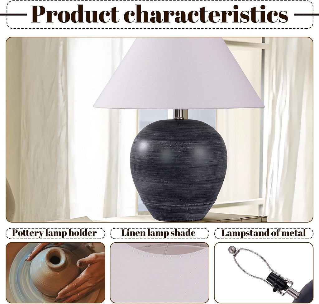 Pia Ricco 21'' Medium Size Black Glossy Ceramic Base Ceramic Basin Table Lamp Set of 2 for Bedroom, Living Room, Dining Room, Office, White Shade,White Striped Black Base