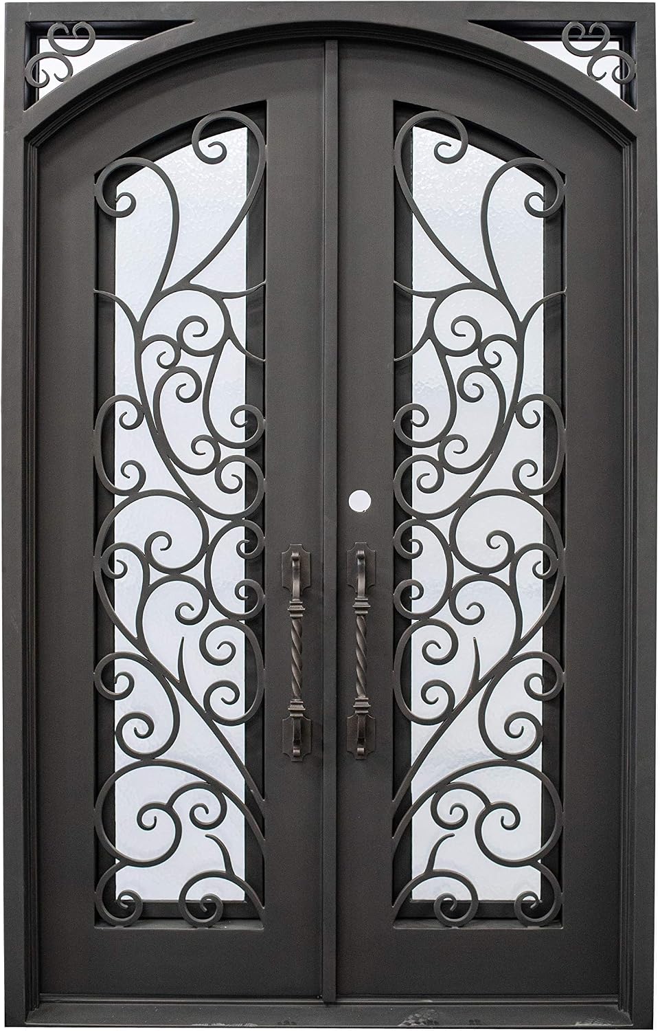 Carthage Exterior Pre-Hung Double Front Entry Door Wrought Iron with Operable Tempered Aqua Lite Glass Inside Swing Dark Bronze Finish (62 By 82 Right Hinge Active)