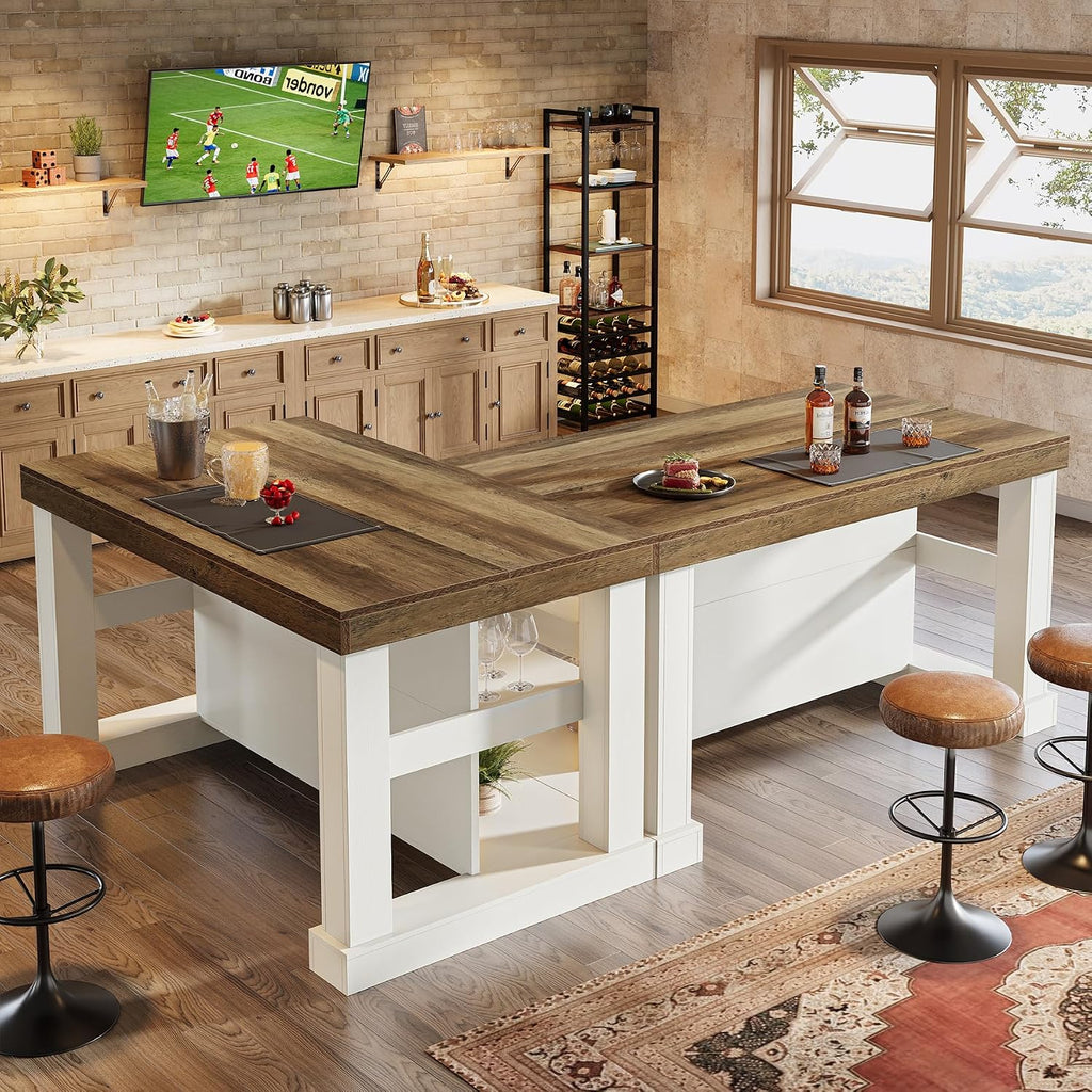 Tribesigns 55' Kitchen Island with Seating and Storage, 3-Tier Farmhouse Wood Stationary Island Table with Large Worktop & Leg Room, Coffee Bar with Storage Shelf for Kitchen, White and Brown (2PC)