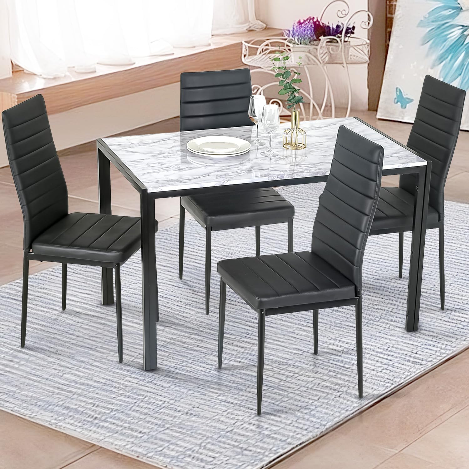 PayLessHere Dining Table and Chairs Set, Modern Rectangular Marble Table top with 4 Chairs PU Leather for Dining Room and Kitchen, White Marble