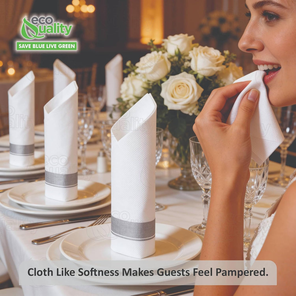 Cloth Like Dinner Napkins with Silver Border Design Disposable - Single Use Linen Feel Guest Towels, Absorbent, Soft, Elegant, Bathroom Hand Towels, Party, Wedding, Napkins, Tablesetting (1000)