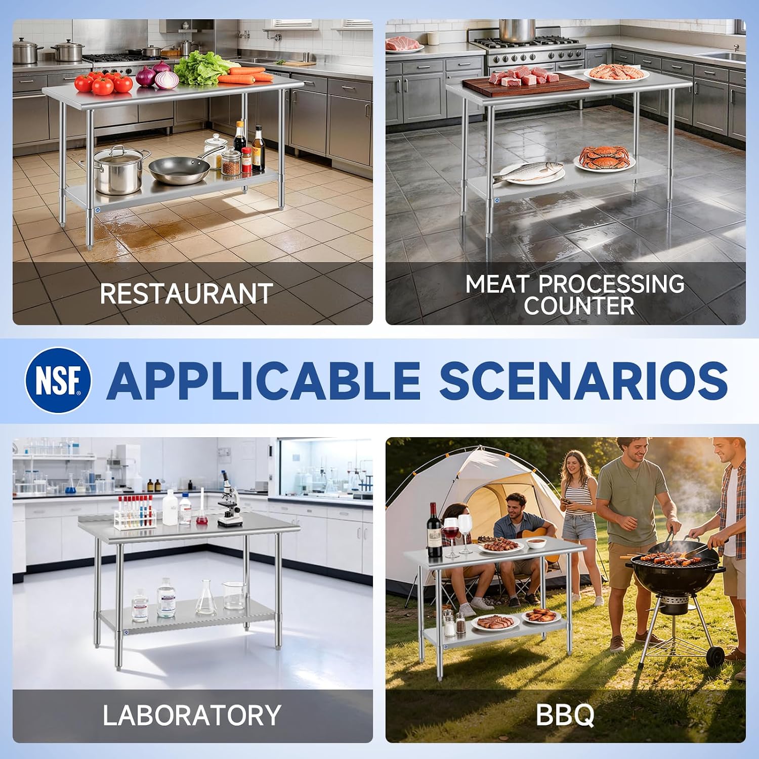 ROCKPOINT SS304 Top All Stainless Steel Table for Prep & Work 24x72 Inches, NSF Commercial Kitchen Heavy Duty Table with Adjustable Undershelf for Restaurant,Kitchen, Home and Hotel