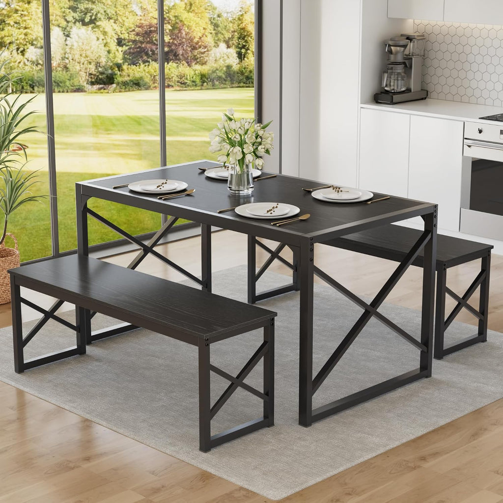 VECELO 55' Kitchen Dining Table Set for 4, Heavy-Duty Steel Frame & Wood-Grain Tabletop, Spaving Saving Dinette Sets with 2 Benches for Breakfast Nook and Small Space, Black