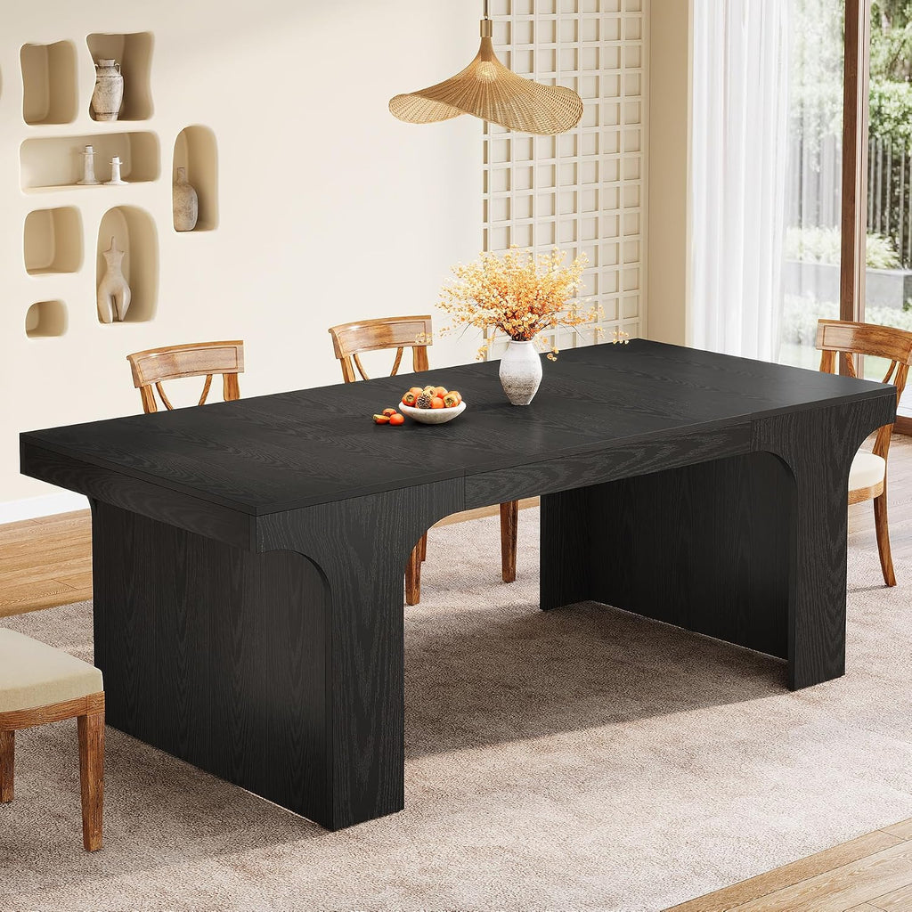 Tribesigns 71-Inch Farmhouse Dining Table for 6-8, Long Modern Wooden Kitchen Table with Arched Design, Large Rectangular Dining Furniture with Double Pedestal for Dinner Room, Black