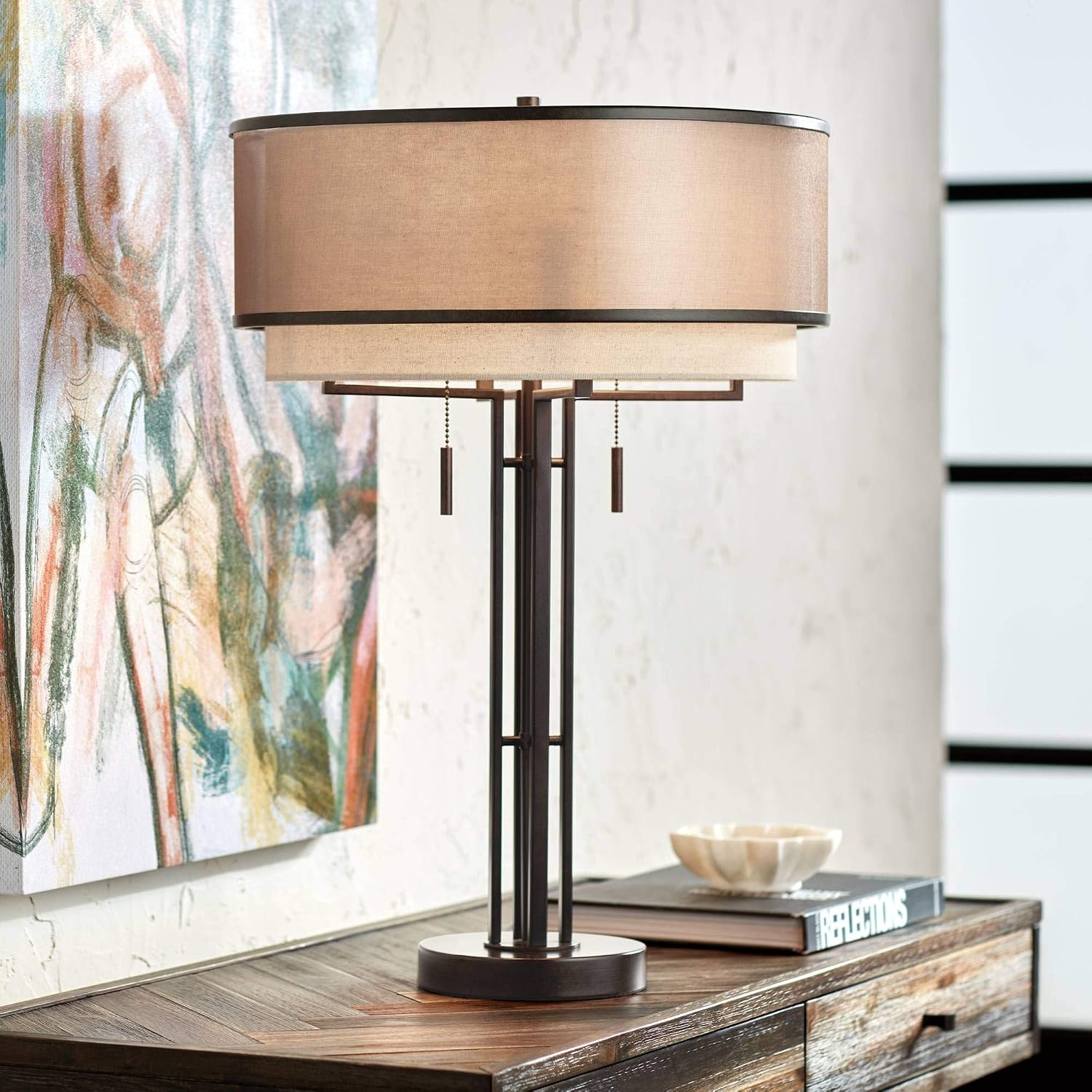 Franklin Iron Works Andes Rustic Farmhouse Industrial 3-Way Table Lamp with Table Top Dimmer 27.5' Tall Oil Rubbed Bronze Metal Stacked Double Drum Shade for Living Room Bedroom House