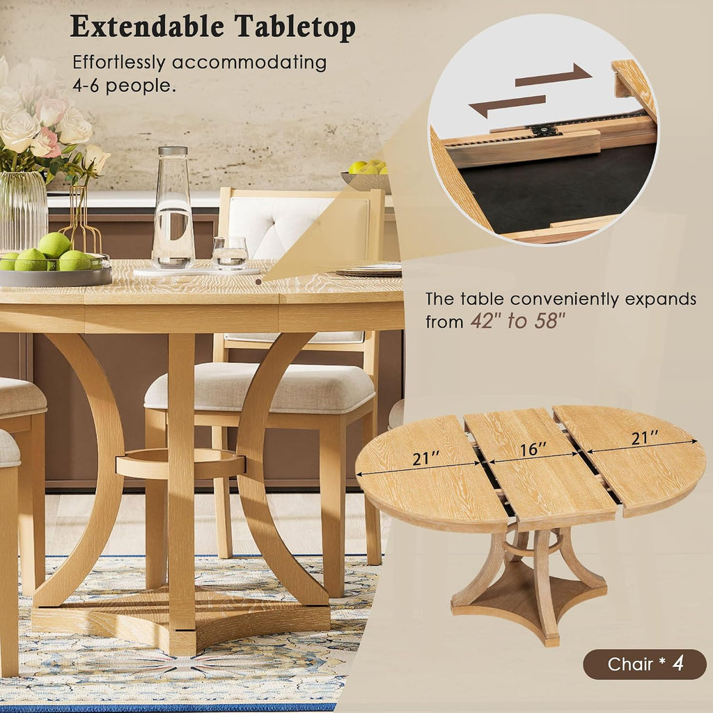 Bellemave Extendable Dining Table Set for 4, 5-Piece Retro Round Table Set with 4 Upholstered Chairs, Round Table with a 16' W Leaf, Oval Kitchen Table Set with Extendable Table (Natural)
