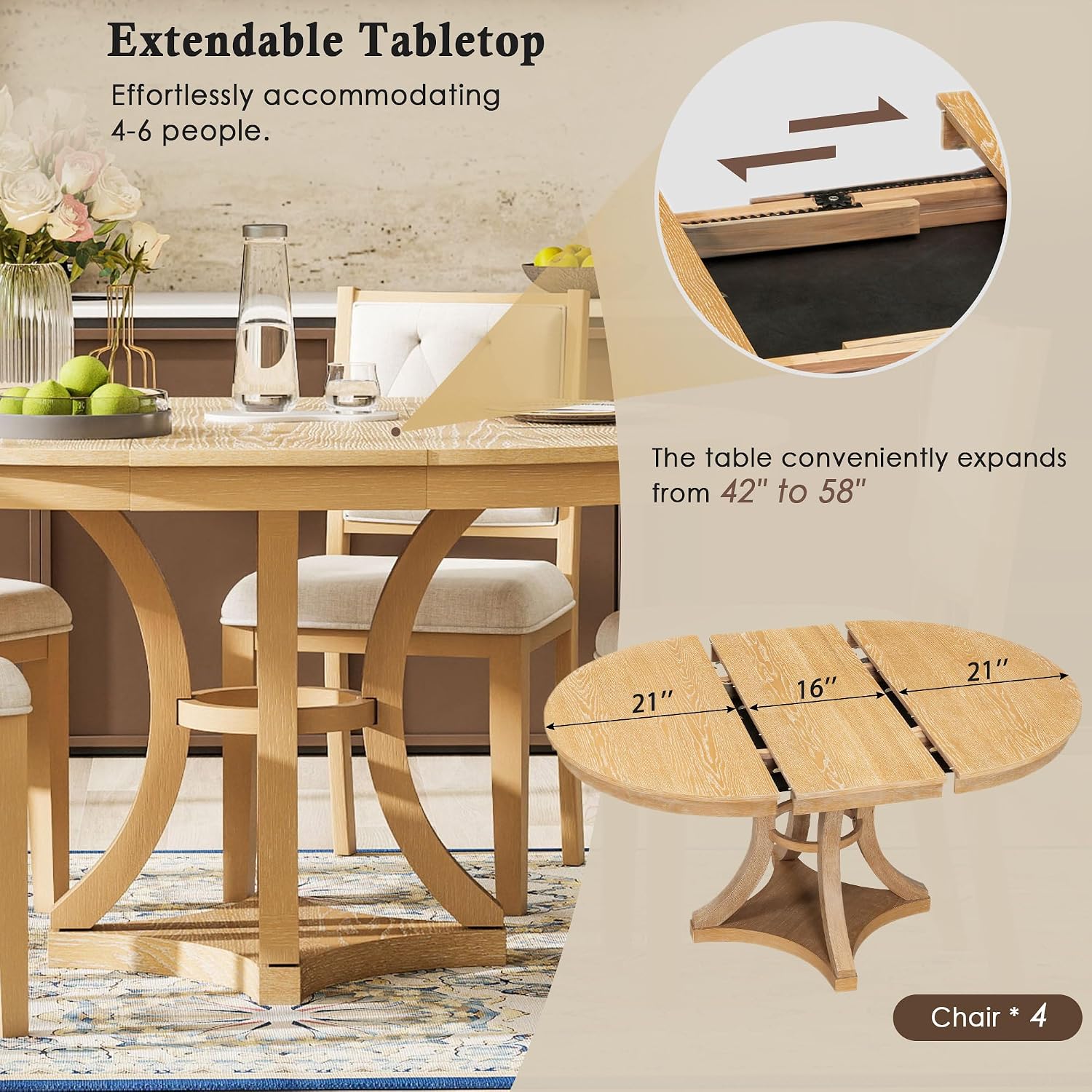 Bellemave Extendable Dining Table Set for 4, 5-Piece Retro Round Table Set with 4 Upholstered Chairs, Round Table with a 16' W Leaf, Oval Kitchen Table Set with Extendable Table (Natural)