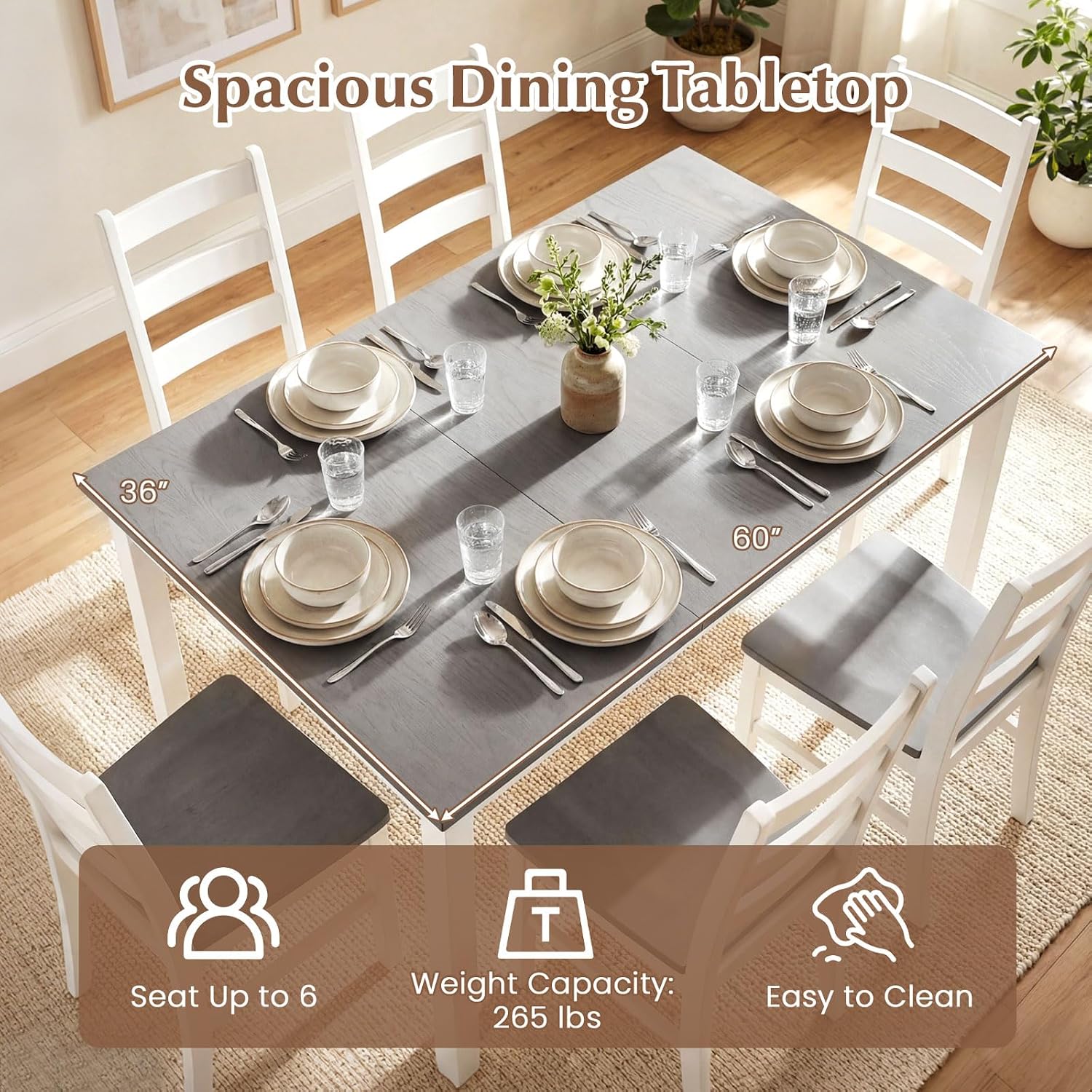 Giantex 7-Piece Dining Table Set for 6, Rectangular 60-inches Kitchen Table and 6 Dining Chairs with Rubber Wood Legs, Protective Foot Pads, Farmhouse Dinette Set for Dining Room, Restaurant (Gray)