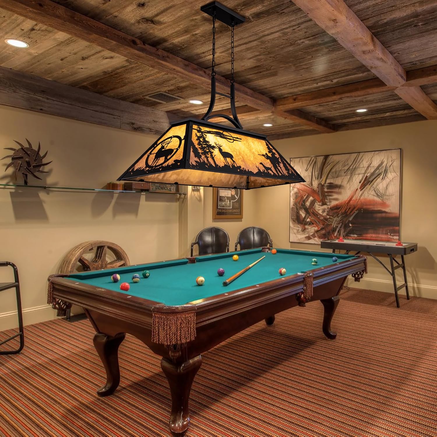 Wellmet Tiffany Pool Table Light, 3 Lights Rustic Deer Chandelier for Kitchen Island Cabin, Billiard Fixture Hanging Pendant Lamp for ' 8' 9' Table, Farmhouse Lighting or Country, Wild West Style
