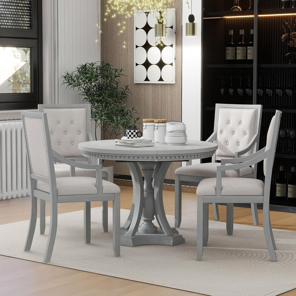 LUMISOL Round Dining Table Set for 4, 5-Piece Extendable Kitchen Table Set with 4 Upholstered Chairs, Farmhouse Table and Chairs Set for Kitchen, Dining Room, Living Room, Antique Grey