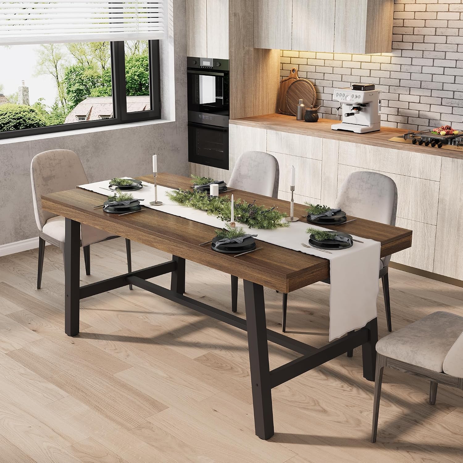 GarveeHome Industrial Dining Table for 4-6 People, 63 in Long Wooden Kitchen Table with Sturdy Metal Frame & Rustic Finish - Seats 4 Rectangular Counter for Dinner, Kitchen, Dining Room - Retro Brown