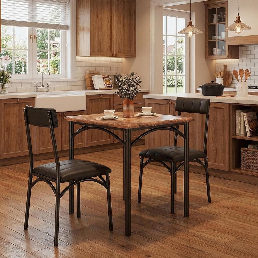 IDEALHOUSE Dining Table Set for 2, Kitchen Table and Chairs for 2 with Upholstered Chairs, 3 Piece Square Kitchen Table Set, Dining Room Table Set for Small Space, Apartment, Retro Brown