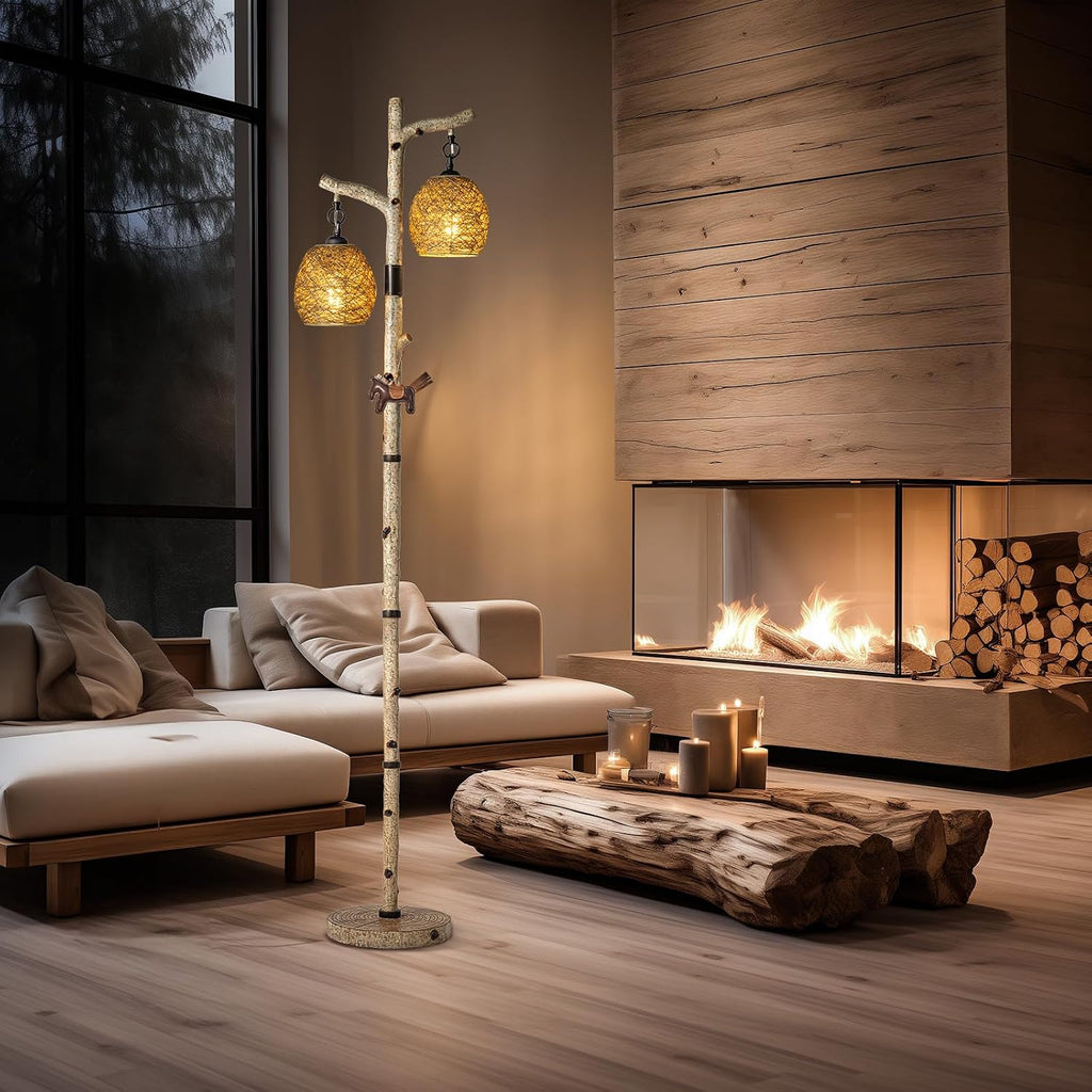 Scenekoy 68.5' Rustic Farmhouse Remote Control Switch Birch Tree Floor lamp with Bird Nest Lantern Shade Vintage Standing Lamp for Living Room Bedroom Hotel Bar Office Wood House(Bulb Included)