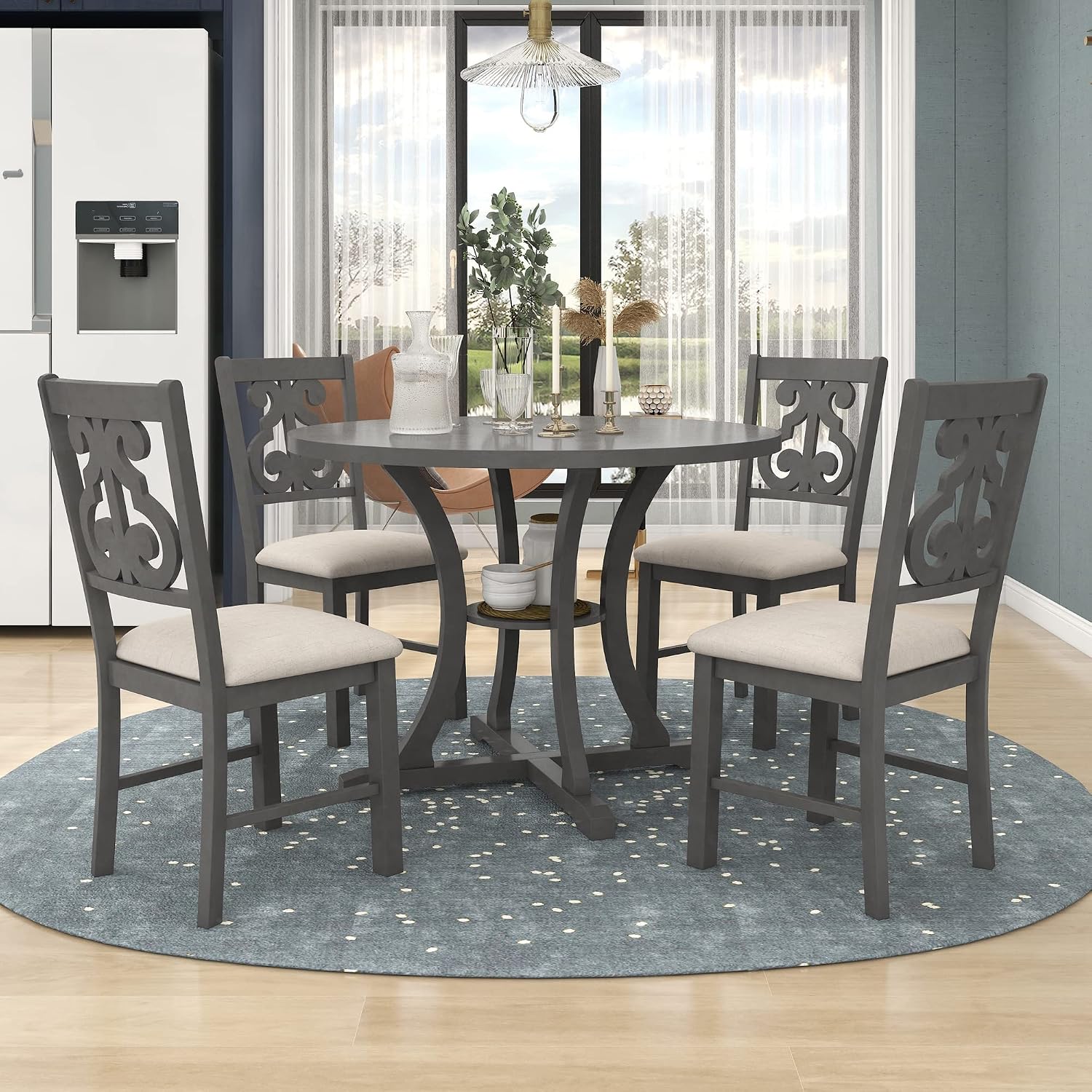 LUMISOL 5-Piece Round Dining Table Set for 4-6 Person, Farmhouse Kitchen Table Set with Special Shaped Legs and 4 Upholstered Chairs for Kitchen, Dining Room, Small Space, Grey