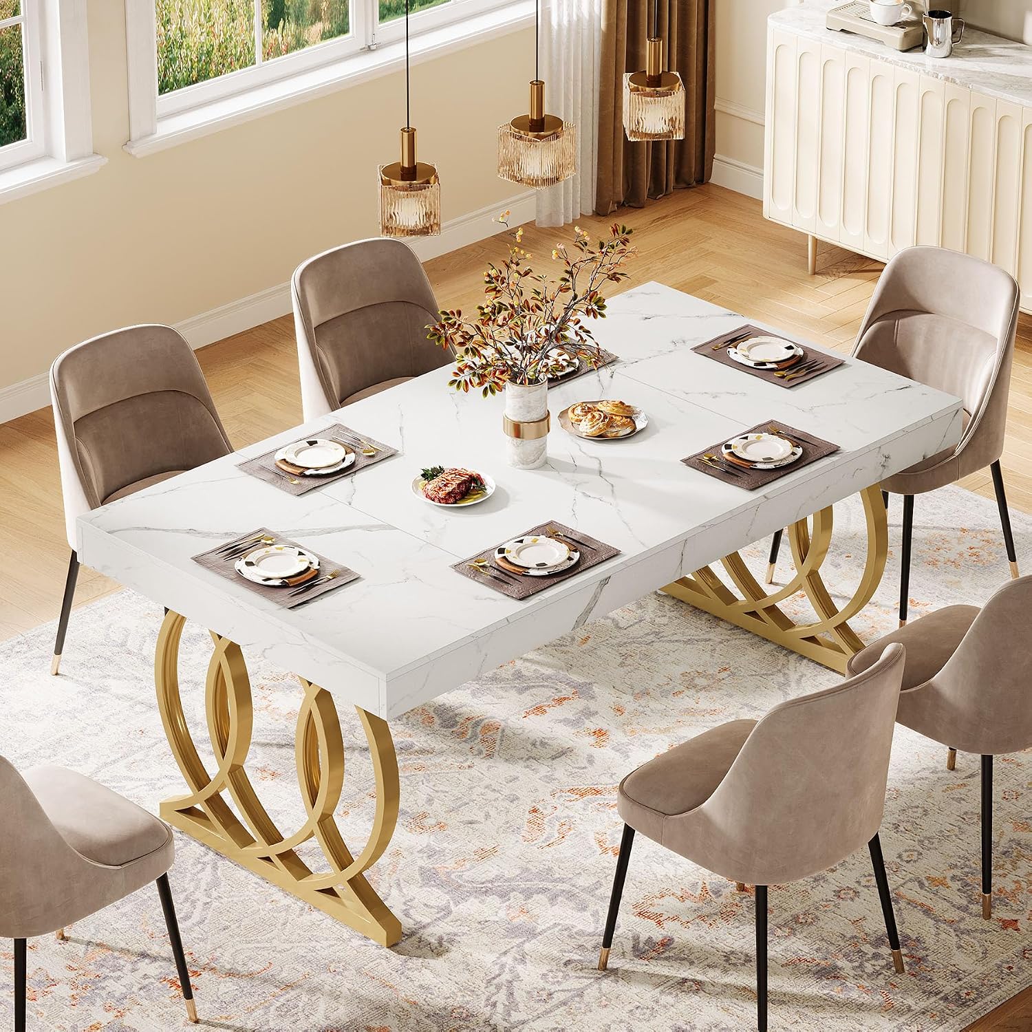 Tribesigns 63-Inch Dining Table for 4-6, Modern Kitchen Table with Faux Marble Tabletop and Geometric Legs, Rectangle Dining Room Furniture for Living Room, Kitchen, White and Gold