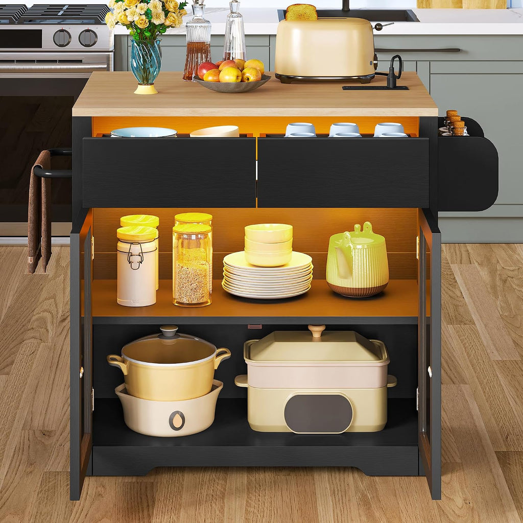 DWVO Kitchen Island with Drop Leaf, Mobile Kitchen Storage Islands with Power Outlet & LED Lights, 37.5' Rolling Dinning Table with Seating, 2 Soft Cushion Bar Stools, Towel & Spice Rack, Qak Black