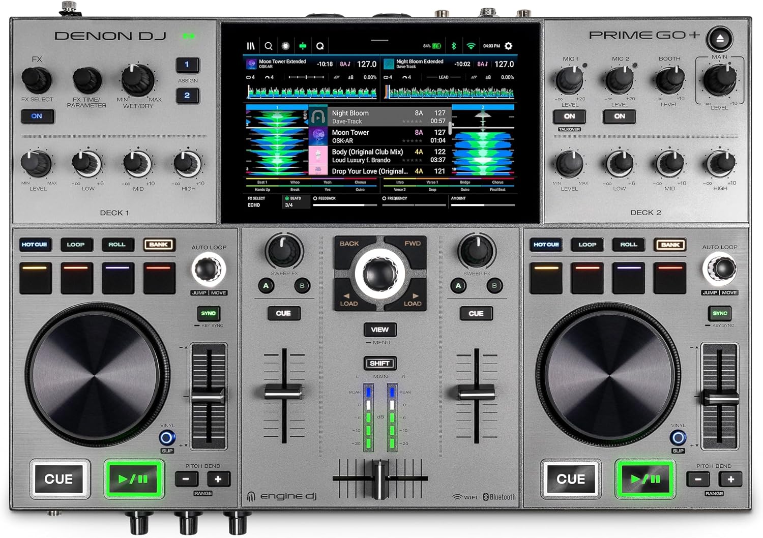 Denon DJ PRIME GO+ Portable DJ Controller and Mixer with Stem Separation, 2 Decks, Wi-Fi Streaming, Bluetooth, Lights Control, 7' Screen and Battery
