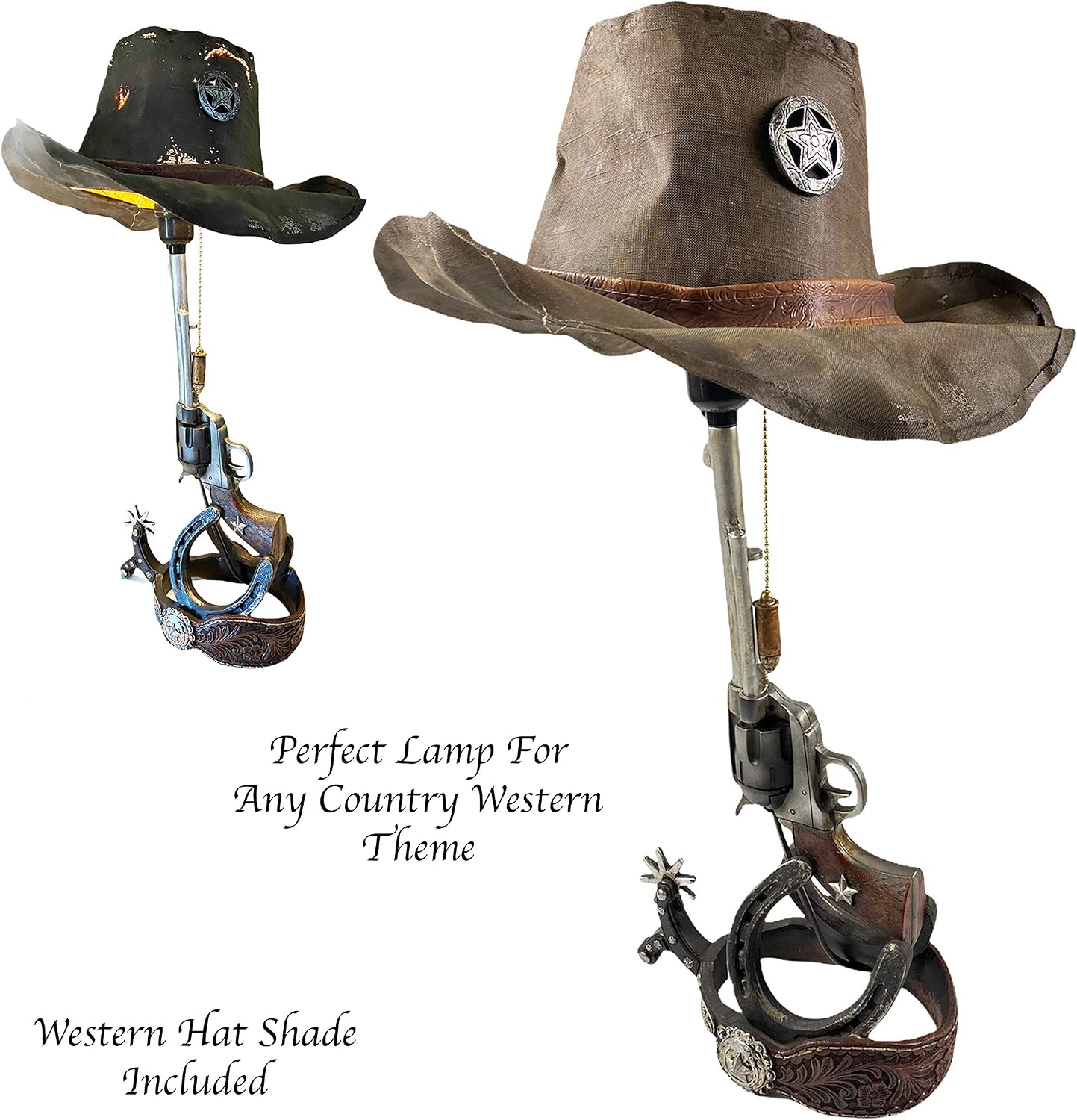 Urbalabs Large Pistol 24 Inch Six Shooter Western Cowboy Hat End Table Standing Table Lamp Farmhouse Nightstands Living Room End Tables Lamps for Bedrooms Office