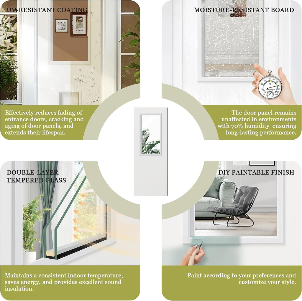 Front Door，36' x 80' 1-Lite Exterior Door, Left-Handed Clear Glass Entry Door, Solid Wood & MDF Construction, Prehung Door Jamb & Threshold Hardware Kit, Waterproof Primer