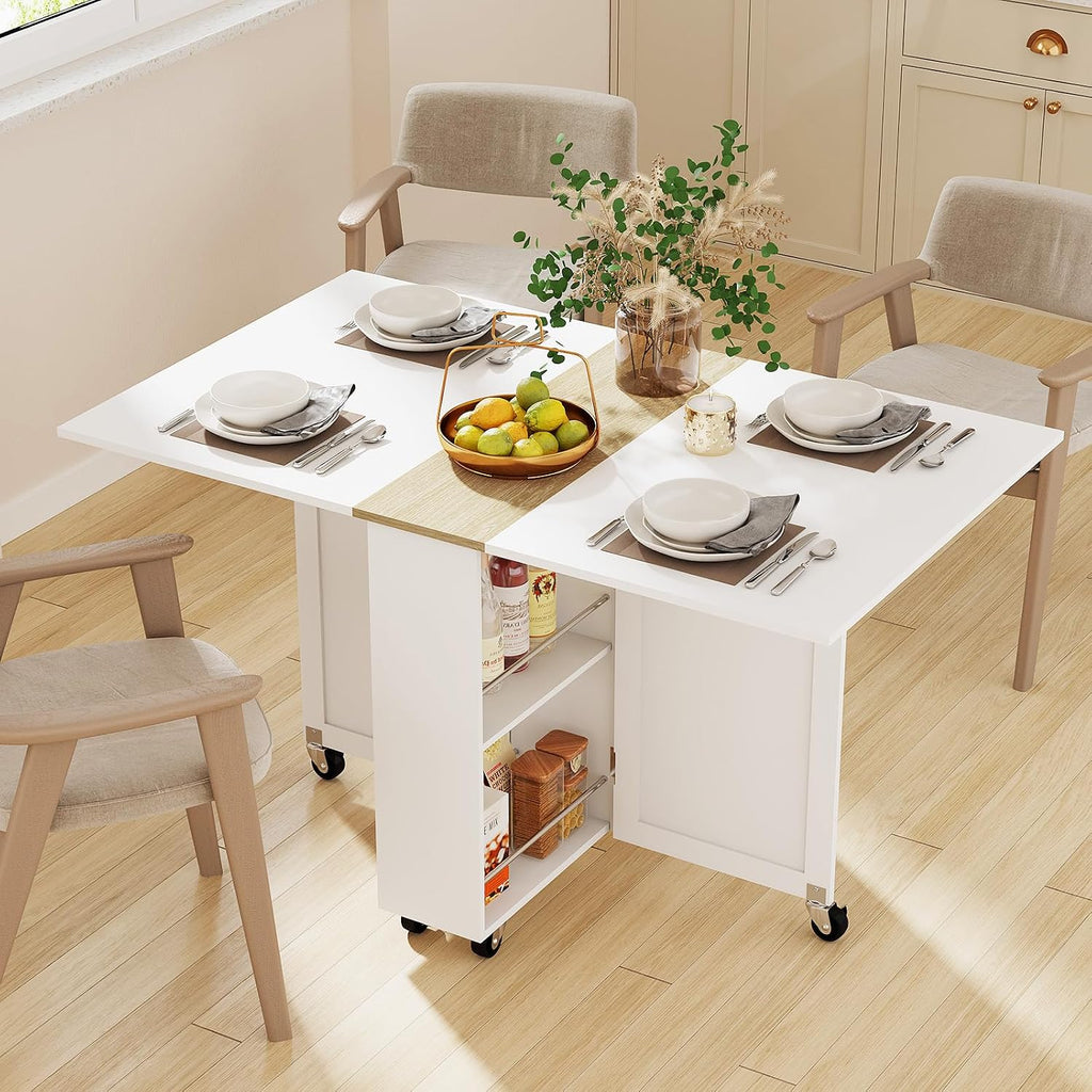 Folding Dining Table with 6 Wheels, Drop Leaf Tables for Small Spaces, Foldable Dining Table with 2-Layer Storage Rack, Kitchen Table with Drawer (White and Oak)