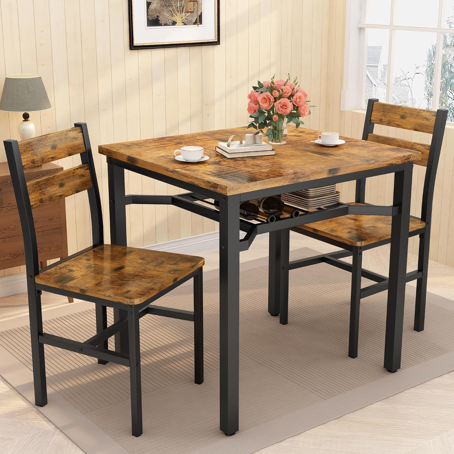 Hooseng 3 Piece Dining Table Set for 2, Small Wooden Kitchen Table with Storage, Farmhouse Square Dinette Set for Dining Room, Breakfast Nook, Apartment, Small Space