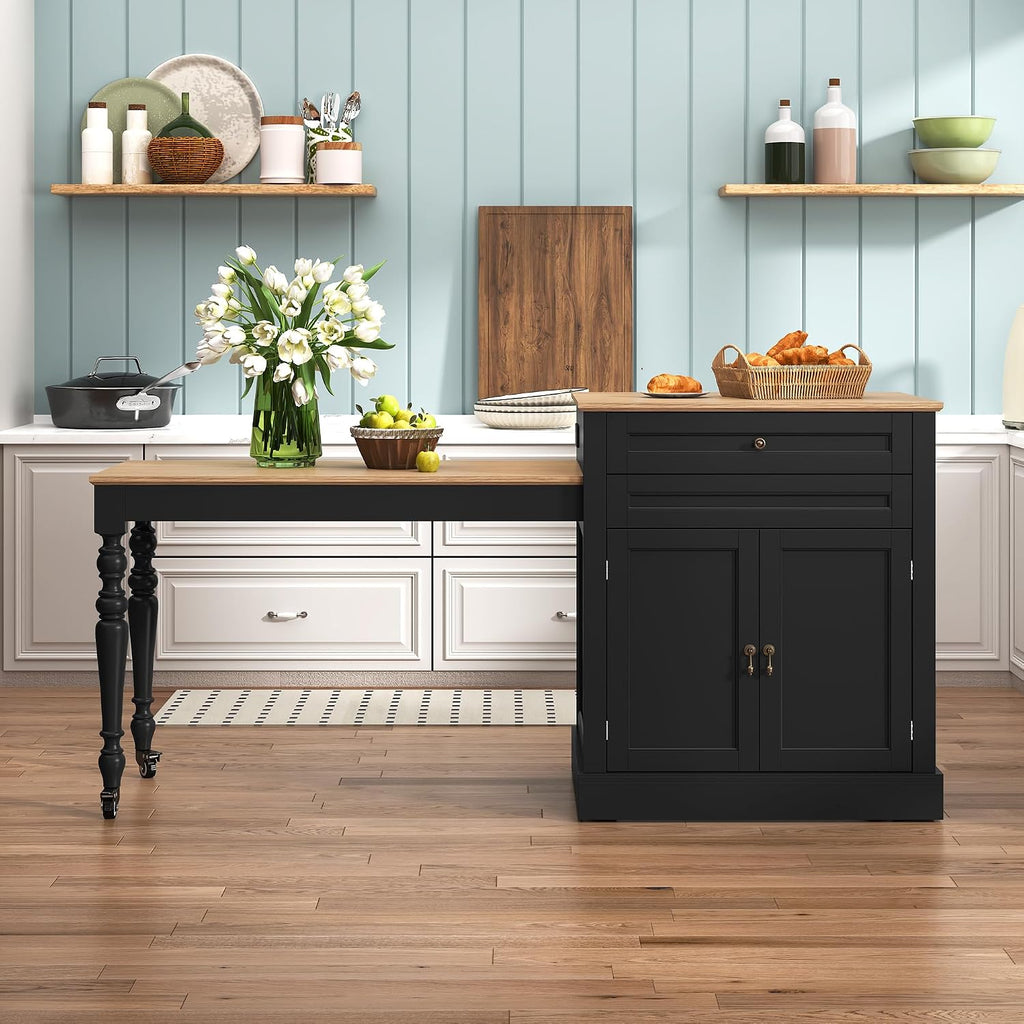 HLR 72' Kitchen Island with Extendable Table for 2-4, Island Table for Kitchen with Power Outlet and Storage Slide Out Legs, Rolling Islands Cart with 2 Doors (Black)