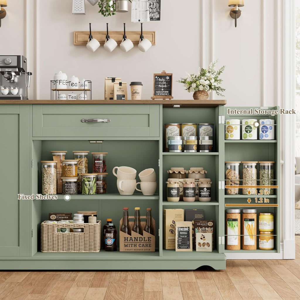 HOSTACK Kitchen Island Cart with Storage, 47'' Kitchen Storage Island on Wheels with 2 Drawers, Rolling Island Table with Adjustable Shelves, Mobile Buffet Sideboard Cabinet for Dining Room, Green