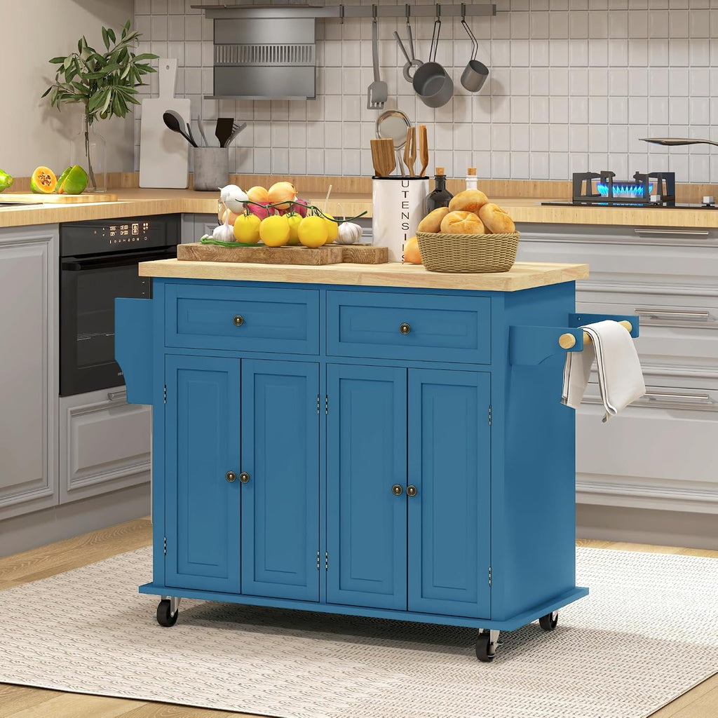 HOMCOM Kitchen Island Cart with Solid Wood Top, 44' Mobile Kitchen Island Table on Wheels with Storage Cabinets, 2 Drawers, Adjustable Shelves, Spice Rack & Towel Bar for Dining Room, Turquoise