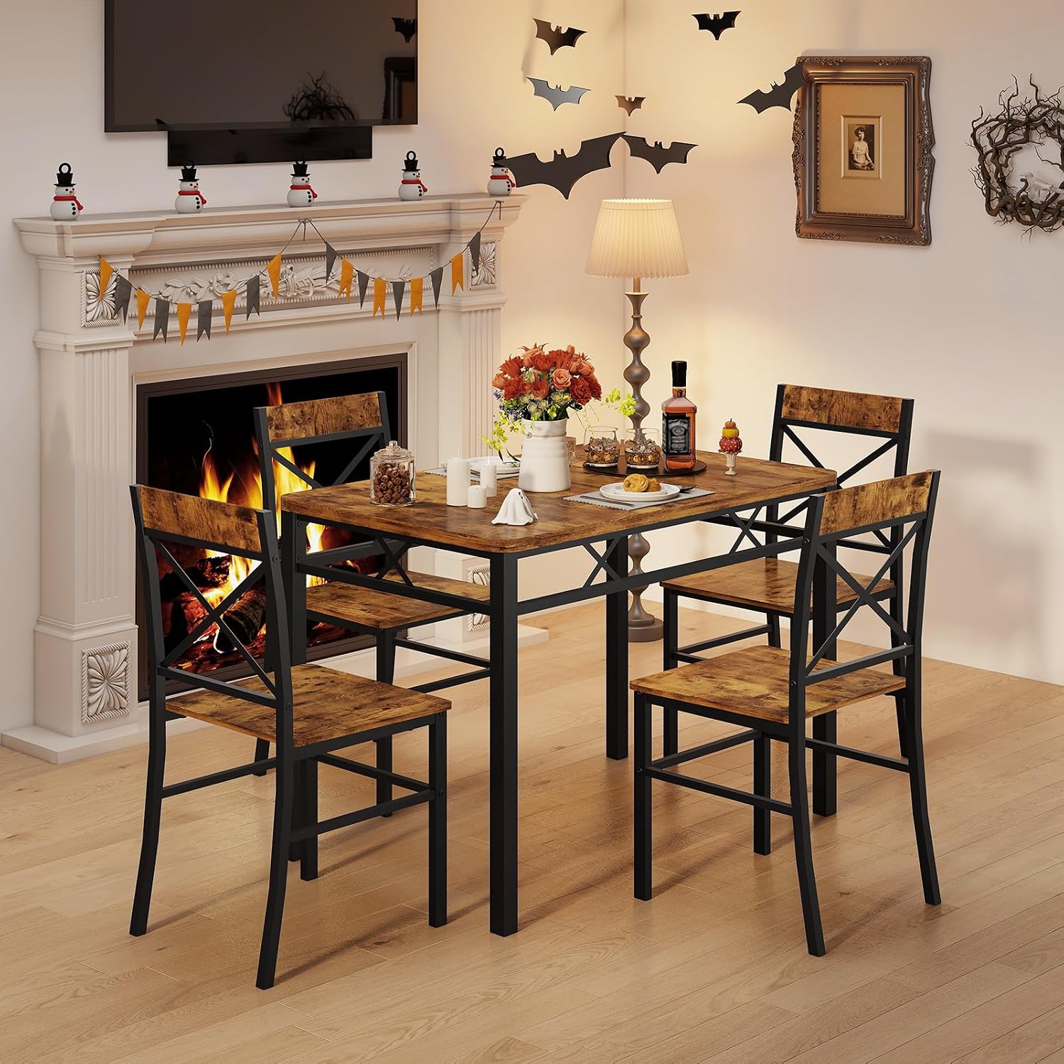 Zevemomo 5-Piece Dining Table Set, Breakfast Nook Table Set, Kitchen Table Chairs Set of 4, Small Dining Table Set for 4 X-Shaped Curved Backrest Chairs, for Small Spaces & Living Room-Rustic Brown