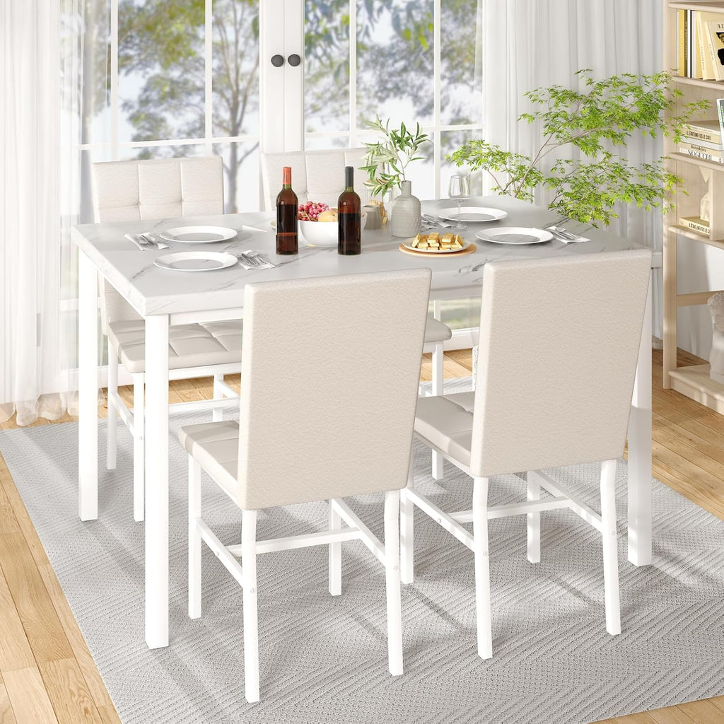 Hooseng Dining Room Table Set 5 Piece Dining Table Set Marble Dining Table 4 Chair Dining Table Set for Kitchen Living Room Breakfast Small Spaces (White)