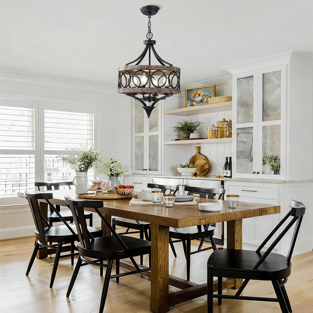 15.7' Farmhouse Chandeliers for Dining Room 4-Light Raindrop Solid Wood Antique Pendant Chandelier French Country Light Fixture for Living Room Bedroom Foyer Kitchen Island Entryway