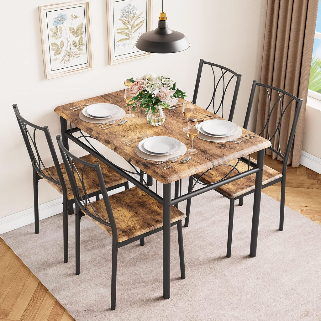 Garvee 5-Piece Wood Dining Table Set for 4, Rectangular Kitchen Table Set with 4 Chairs, Space-Saving Dining Table Set for Apartment, Studio, Kitchen, Small Space, Brown