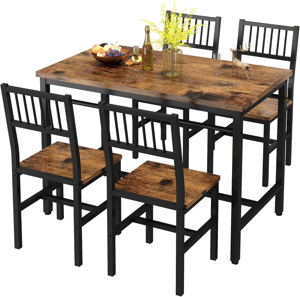 AWQM 47.2 Inch Dining Table Set for 4,Industrial Table with 4 Curved Chairs Set,5-Piece Rectangular Kitchen Table Set for Dining Room,Breakfast Nook,Small Space