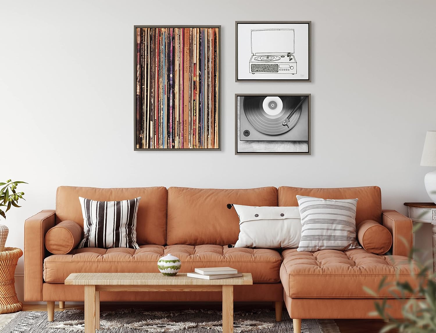 Kate and Laurel Sylvie Records 33RPM, Victrola Record Player and Vinyl Vibes Framed Canvas Wall Art Set by Various Artists, Set of 3, two 16x20 and one 23x33 Gray Frames, Bohemian Vinyl Record Art