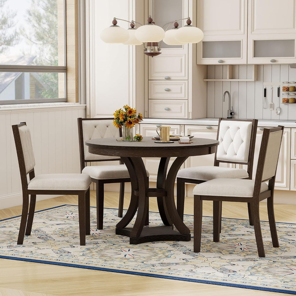 Bellemave Extendable Dining Table Set for 4, 5-Piece Retro Round Table Set with 4 Upholstered Chairs, Round Table with a 16' W Leaf, Oval Kitchen Table Set with Extendable Table (Espresso)