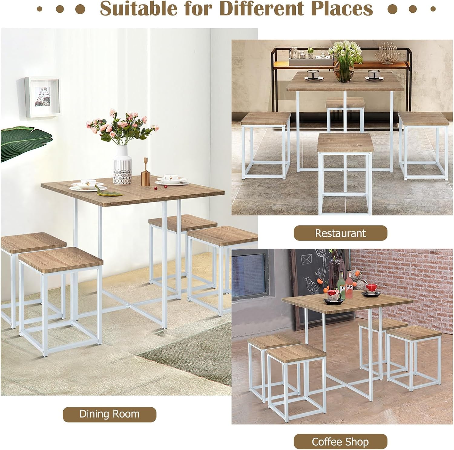 Giantex 5 Piece Dining Table Set, Dining Set for 4 with Square Stools, Small Kitchen Table Set with Metal Frame, Compact Design for Small Space, Home Kitchen Bar Pub Apartment