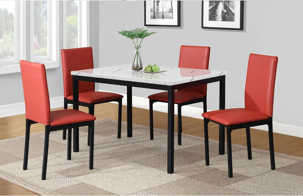 Roundhill Furniture 5 Piece Citico Metal Dinette Set with Laminated Faux Marble Top, White Table with Red Chairs
