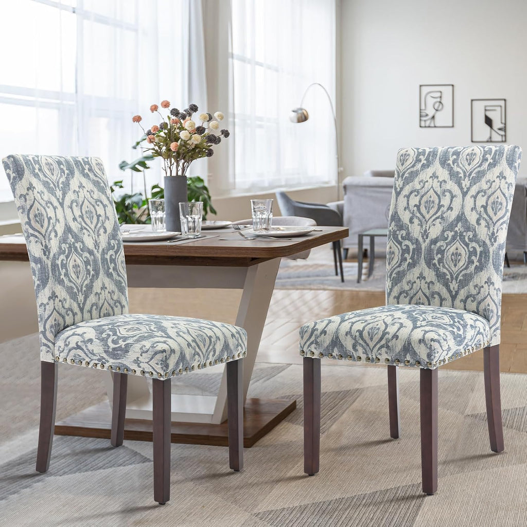 COLAMY Upholstered Parsons Dining Chairs Set of 4, Fabric Dining Room Kitchen Side Chair with Nailhead Trim and Wood Legs - Blue/White Flower