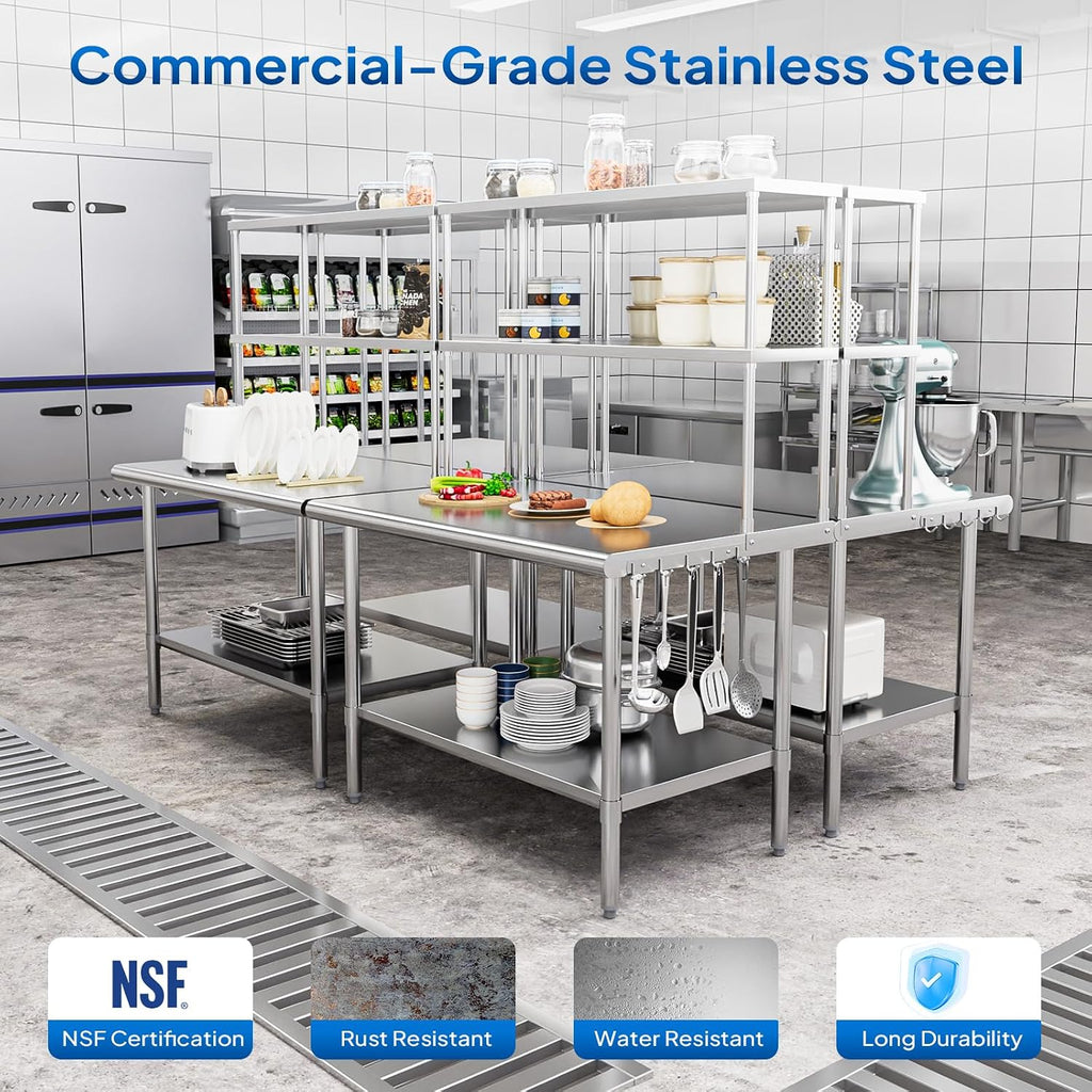 ROVSUN All Stainless Steel Table with Overshelves 48' X 30', NSF Commercial Heavy Duty Pre Table with Adjustable Undershelf & Detachable Hooks for Kitchen Restaurant Hotel Garages